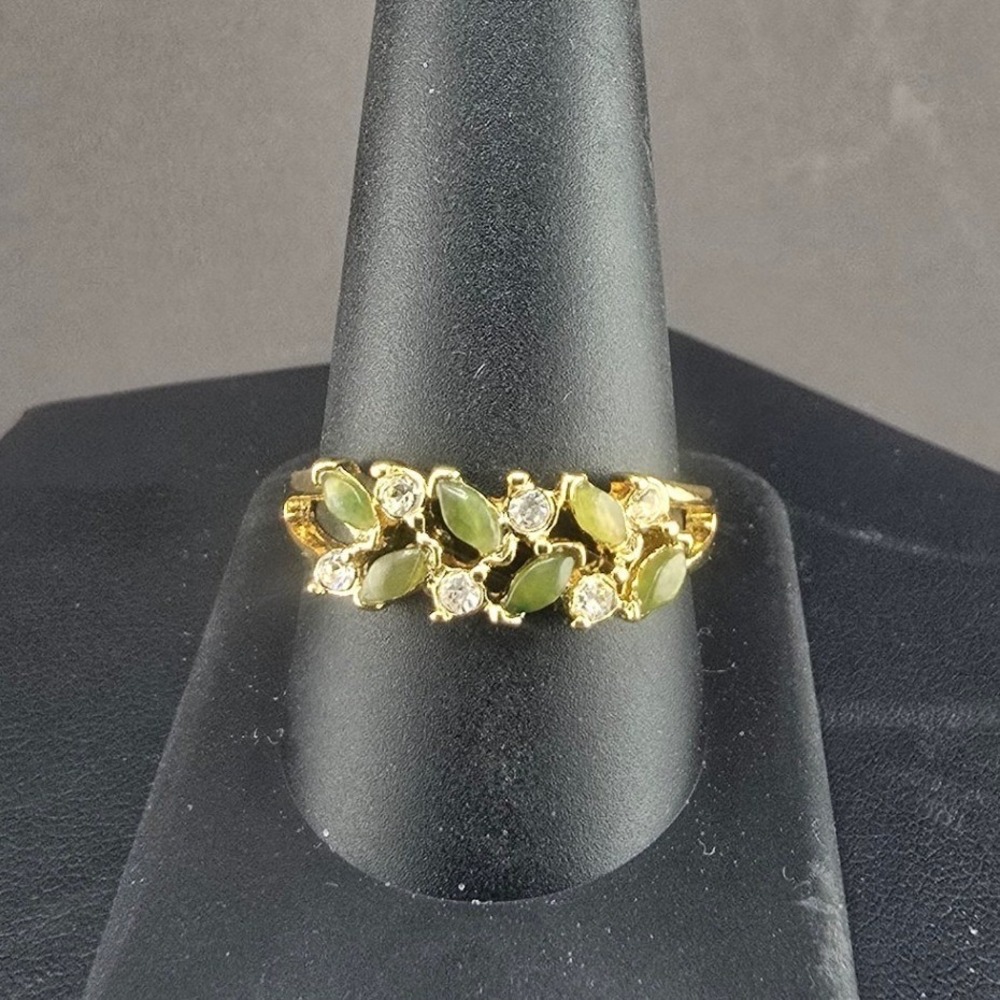 Vintage Estate Ring Gold Tone Green Clear Marquise Cluster Size 11